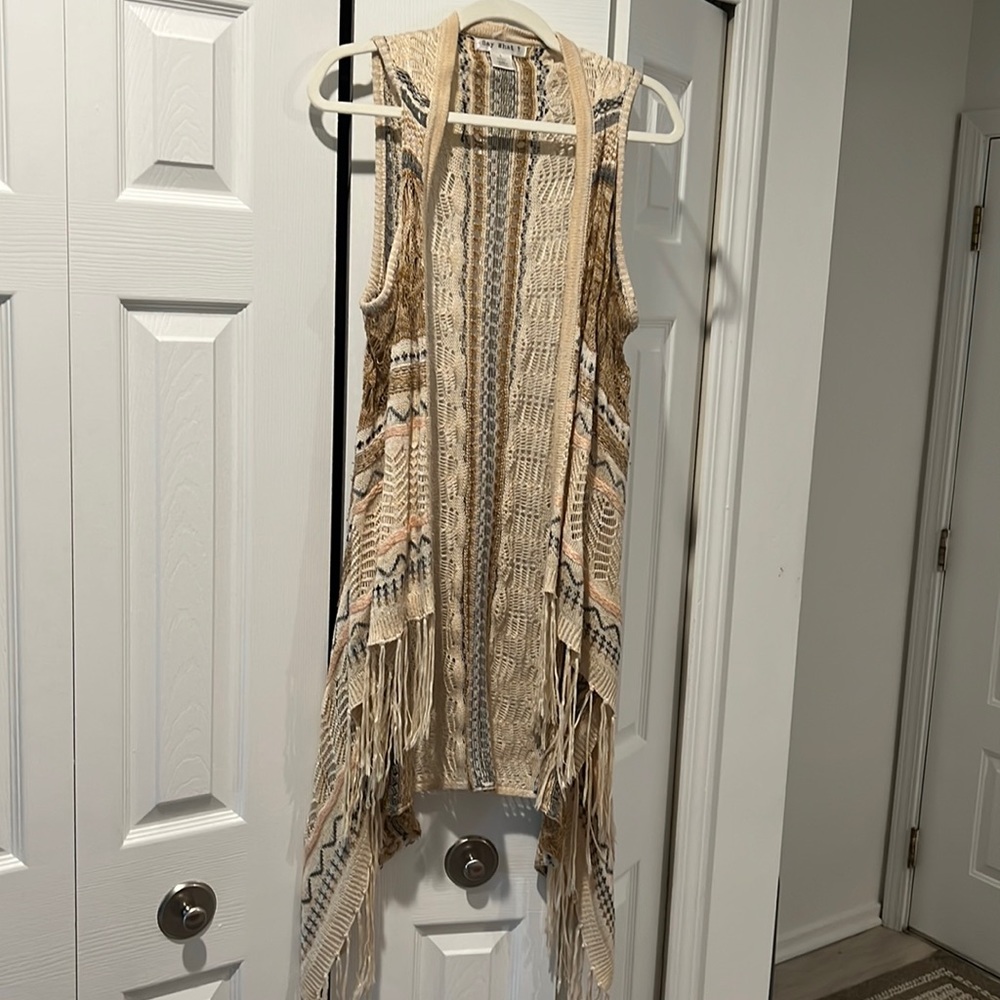 Women’s “Say What” sweater vest with fringe bottom. Sz. L. Make offer!